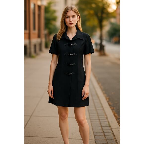 Jenni Kayne Short Sleeve Black Wool Coat Leather Trim Toggle Buttons Size 2 - Picture 1 of 11